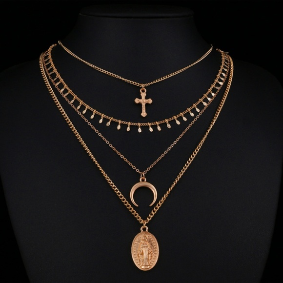 5 for $25 Four Layer Cross and Horn  Necklace - Picture 3 of 7